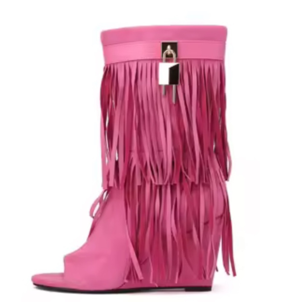 Pink Wedge Shoes with Fringe Detail - Picture 3 of 5
